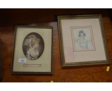 A 19th Century school pencil sketch of a seated lady, unsigned; and a coloured mezzotint of St Jame's Beauty mounted as an ov