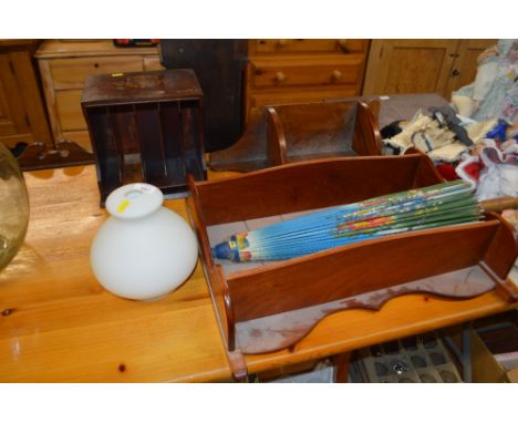 A late Victorian rosewood and inlaid stationery rack; two wall shelves; a parasol; and a light shade