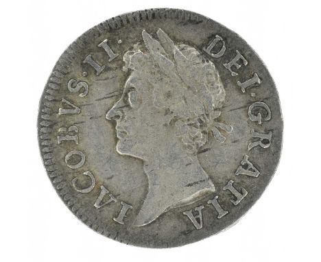 King James II, Twopence, 1686 IΛCOBVS, Laureate head l. R. II Crowned, silver, S.3416, about VF.