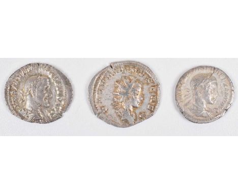 Three Roman coins to include Maximinus Denarius (235-238AD), Rome, AD 236-8, IMP MAXIMINVS PIVS AVG, Laureate and draped bust