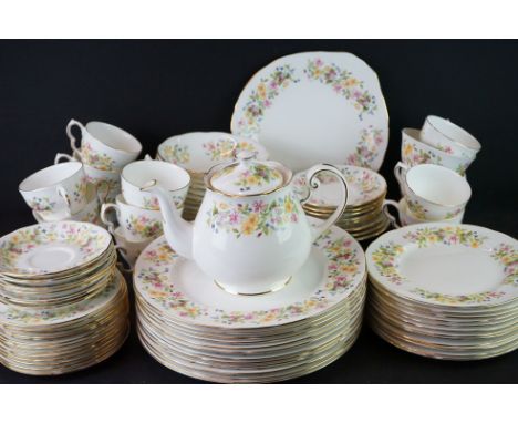 Colclough Bone China Part Tea and Dinner Service with floral decoration including Teapot, 12 Tea Cups, 14 Saucers, 12 Bowls, 