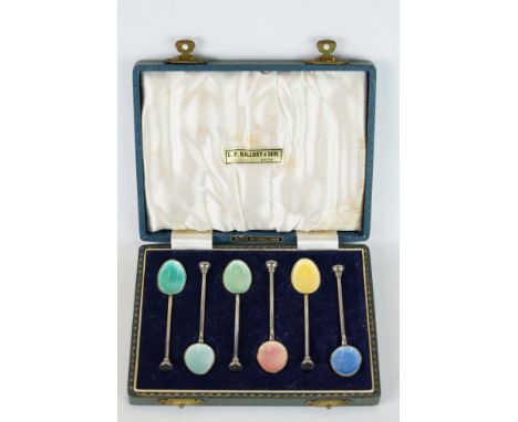 A cased set of six fully hallmarked sterling silver and enamel teaspoons. 