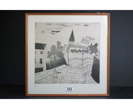 Ivy Langton, a signed limited edition etching, townscape with girl and dog (no. 7/12) 