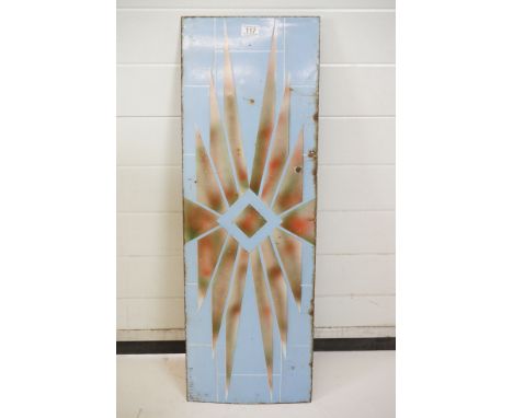 An unusual blue enamel sign with geometric pattern, measures approx 91cm x 30cm 