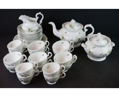 19th century Tea Service decorated with green floral sprays comprising Teapot, Lidded Sugar, Milk Jug, Cake Plate, 16 Cups an