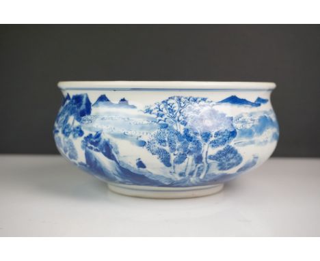 Chinese Porcelain Blue and White Censer decorated with a figures, lake and mountainous landscape, double blue ring mark to ba