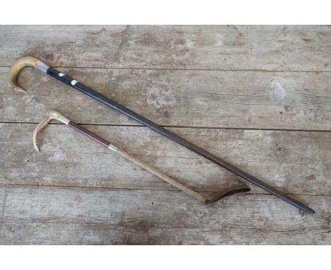 An antique walking stick with full hallmarked sterling silver collar together with a riding crop. 