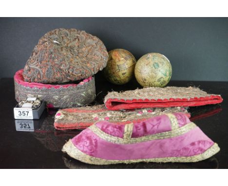 A group of mixed collectables to include two small globes, a white metal gemstone ring and a quantity of asian hats. 