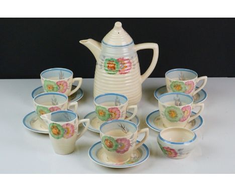 Clarice Cliff Coffee Set comprising Coffee Pot, Cream, Sugar and Six Coffee Cups and Saucers, all decorated with flowers 