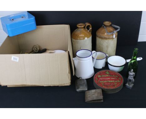 A box of mixed collectables to include stoneware bottles, enamel plates and cups, bottles and advertising tins..etc. 