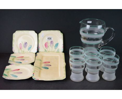 Early to Mid century Glass Lemonade Set comprising Jug and Six Glasses each with Frosted and Green, Grey and Black Bands toge