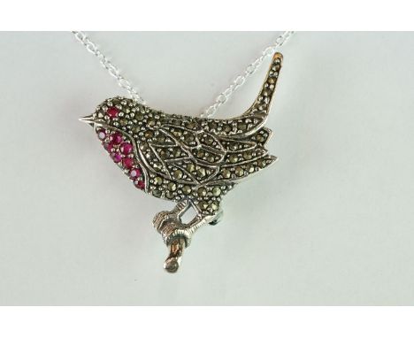 Silver Marcasite and Ruby set Robin Brooch / Pendant 