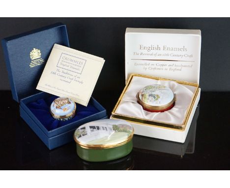 A collection of three enamel pill boxes to include Halcyon Days example. 