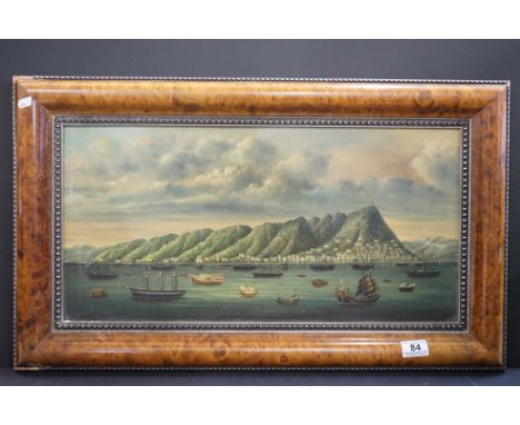 Chinese Oil Painting on Panel depicting a View of Hong Kong Harbour, information to verso stating painted by Shanghai Huang, 