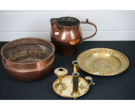 Arts and Crafts Brass and Copper including Heavy Hammered Jug, Large Bowl, Alms Plate with Tudor Rose and a Chamber Stick 