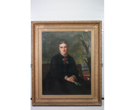 Large 19th century Oil Painting on Canvas, Three Quarter Length Portrait of a Seated Lady, unsigned, 85cm x 111cm, contained 