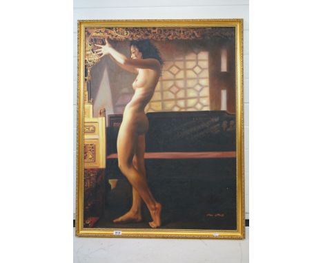 20th century Oil Painting on Canvas depicting a Full Length Nude Portrait of a Chinese Girl, signed lower right Man Ching, 74