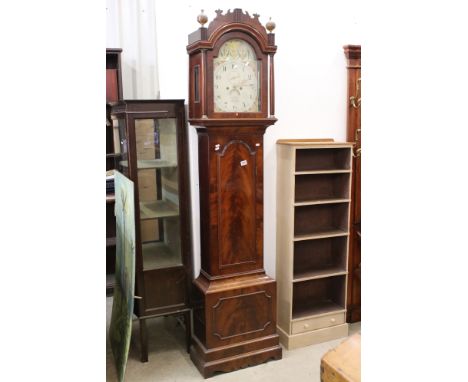 19th century Mahogany 8 Day Longcase Clock, the arched painted face with Arabic numerals, Seconds Dial and Date Aperture, mad