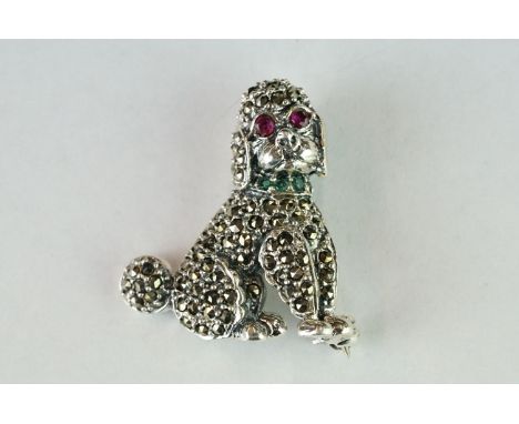 Silver Marcasite Poodle Brooch / Pendant with Ruby Eyes 