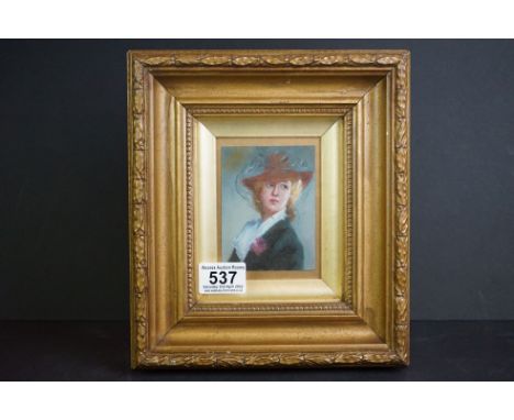 Oil painting miniature portrait of an elegant lady in a soft brimmed hat 