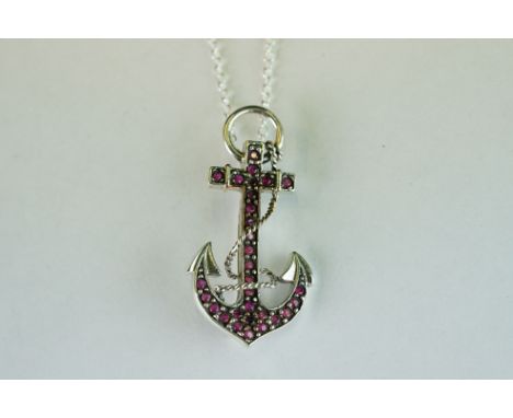 Silver and Ruby set Anchor Pendant / Brooch Necklace 