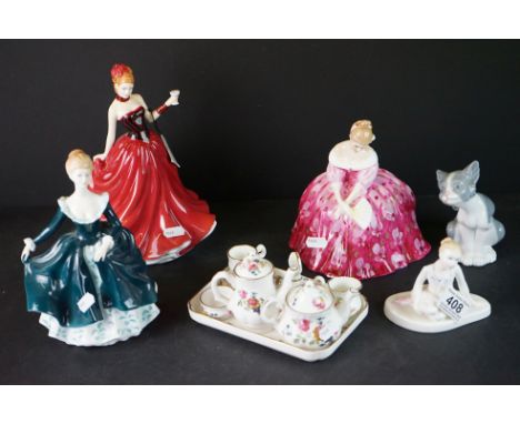 Four Royal Doulton Figurines including Janine, Victoria, Congratulations and Star Performer together with Lladro Cat and a Bo