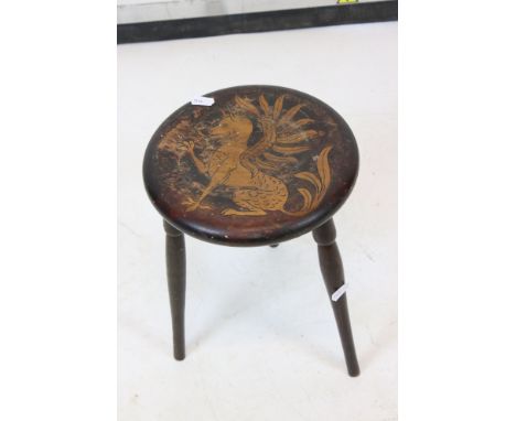 19th century Rustic Three Legged Stool, the top with Welsh Dragon design, 23cm diameter x 30cm high 