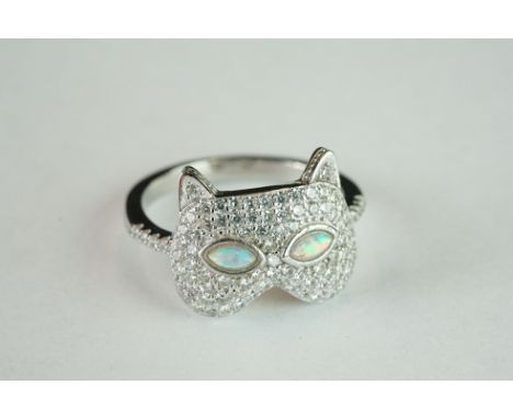 Silver and CZ Ring in the form of a Cat Mask set with Opal Paneled Eyes 