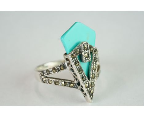 Silver Art Deco style Ring set with Marcasite anda Turquoise Panel 