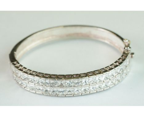 Silver Bangle with Two Rows of CZs 