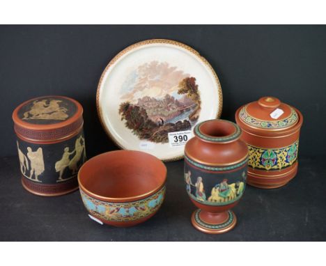 Five items F &amp; R Pratt ware including Two Terracotta Lidded Jars, Terracotta Bowl, Terracotta Vase and Plate 