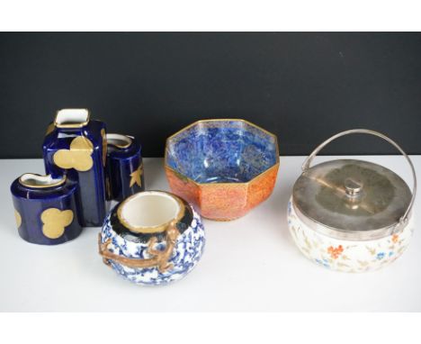 19th century Royal Worcester Triple Section Vase decorated with gilt medallions on a blue ground 12cm high together with 19th