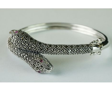 Silver and Marcasite Hinged Snake Bangle 