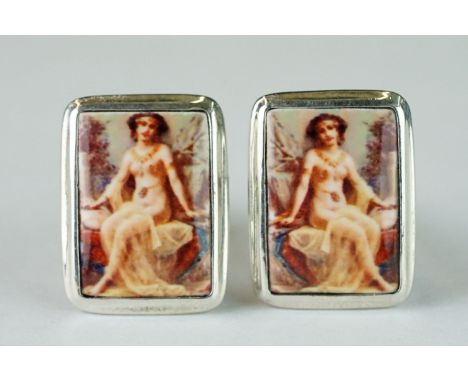 Pair of Silver and Enamel Cufflinks depicting a Nude Female