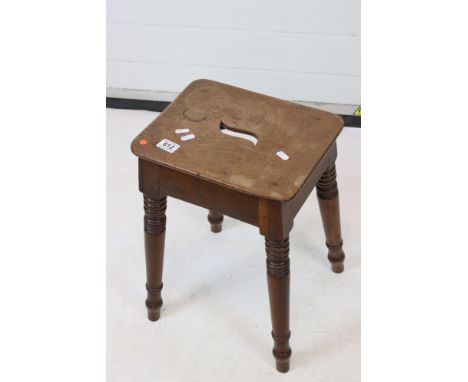 19th century Fruitwood Square Stool raised on ringed turned legs, 34cm wide x 46cm high 
