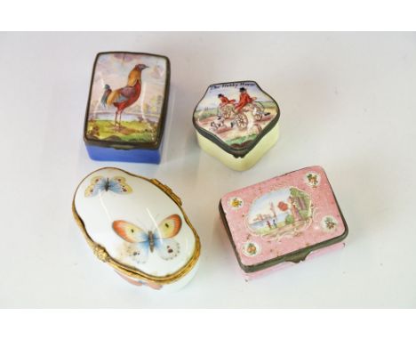Three Georgian Enamel patch boxes together with a French porcelain example. 