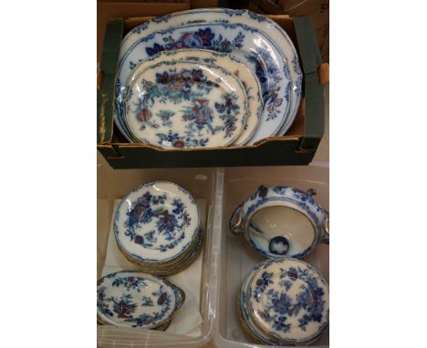 Victorian Ironstone Dinner Ware decorated in the Ciris pattern including 4 graduating Meat Plates, Serving Dish and Stand, 19