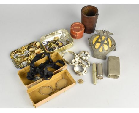 A Collection of Sundries to Include AA Badge, Gents Cufflinks and Studs, Enamelled Badges, Pocket Corkscrew, Costume Jeweller