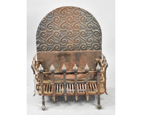A Vintage Cast Iron Fire Basket with Arched Back Plate, 61cm Wide and 76cm high