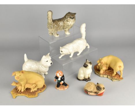 A Collection of Ceramic and Resin Animal Ornaments to Comprise Beswick Cats, West Highland White Terrier, Aynsley Pig Groups 