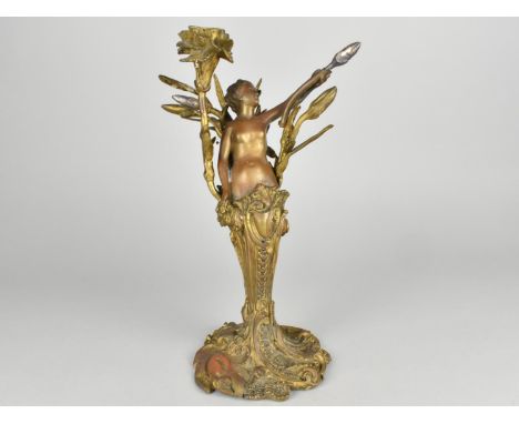 A Bronze French Figural Candlestick in the Form of Maiden Emerging from Reeds After Claude Bonnefond C.1920, 29cm High, Has b