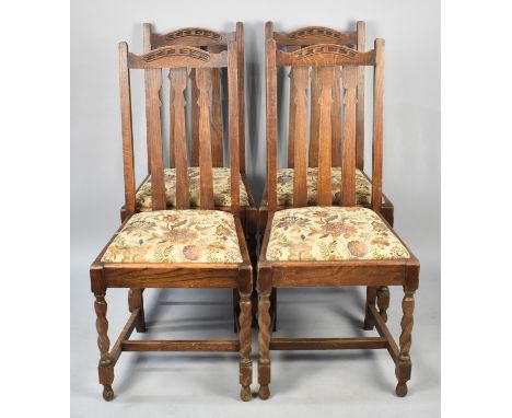A Set of Four Edwardian Oak Framed Dining Chairs Tapestry Pad Seats, Barley Twist Front Supports