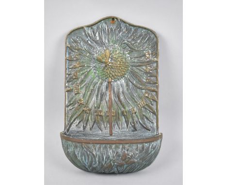 A Patinated Bronze Art Nouveau Style Wall Mounting Sundial Decorated in Relief with Bees, Sunflowers and Leaves, 25.5cms High