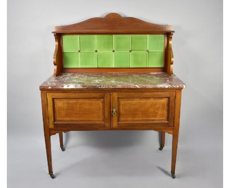 An Edwardian String Inlaid Mahogany Marble Topped and Tile Backed Washstand, 107cm wide