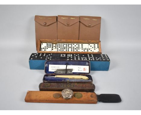 Two Vintage Sets of Nine Spot Dominoes, Three Vintage Photo Negative Albums, Silver Top for Dressing Table Pot and Durham Dup