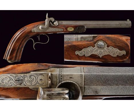 dating: Mid 19th Century provenance: Belgium, Rifled, octagonal, 12 mm cal. barrel, made of fine rose damask, provided with t