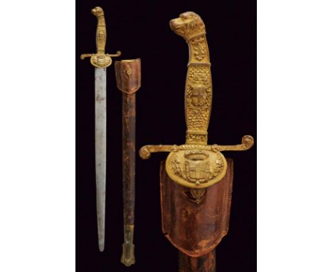 dating: 19th Century provenance: Piedmont, Straight blade without edge. Brass hilt with remains of gilding, shell-guard with 