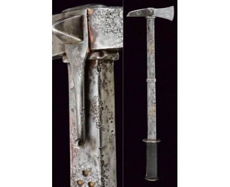 dating: 16th Century provenance: Germany, Massive iron head, axe with slightly-round edge, the hammer with a deep mark, Quill