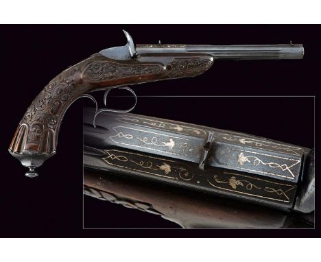 dating: about 1870 provenance: Europe, Fine, octagonal, 22 gauge barrel, decorated with filigree-inlaid floral motifs and sil