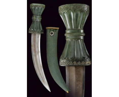 dating: Mid 19th Century provenance: Turkey, Strong, curved, double-edged blade made of damask, with double fuller. Heavy, da